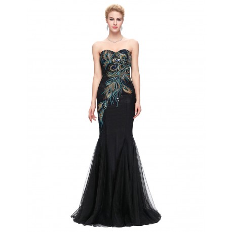 luxusní paví upnuté černé plesové šaty Violece M-L