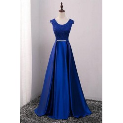 modré dlouhé saténové plesové šaty s krajkou Mona L