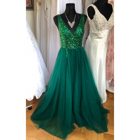 tmavě zelené plesové šaty s tylovou sukní Alicia XS-S