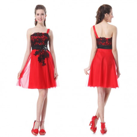 červené krátké společenské šaty s černou krajkou na jedno ramínko Silva XXL