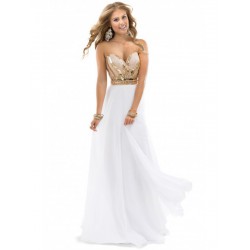 luxusní bílé plesové nebo svatební šaty se zlatým zdobením XS