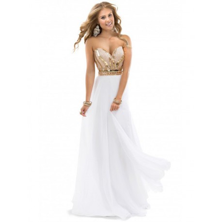 luxusní bílé plesové nebo svatební šaty se zlatým zdobením XS